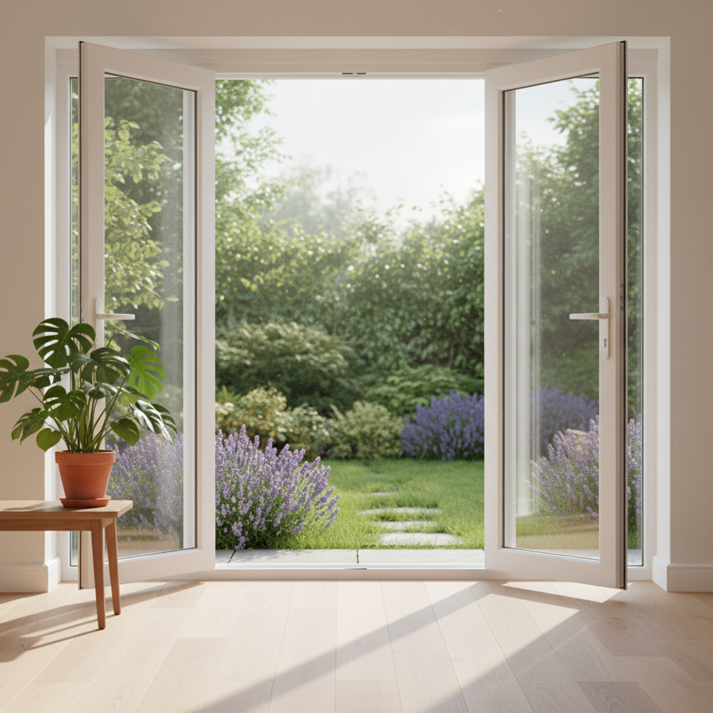Gezond wonen en tuinonderhoud: harmonieuze interieur met kamerplanten en open raam voor ventilatie