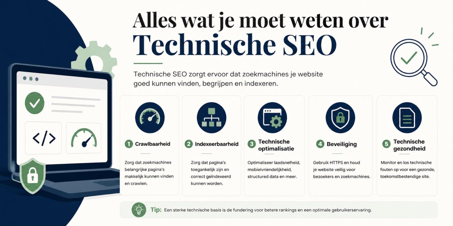 Infographic over technische SEO met onderwerpen als crawlen, indexeren, snelheid, mobiel en structuur